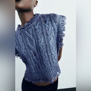 Zara Metallic Blue Wool blend Cable Knit Frayed Sleeveless Crop Top size s